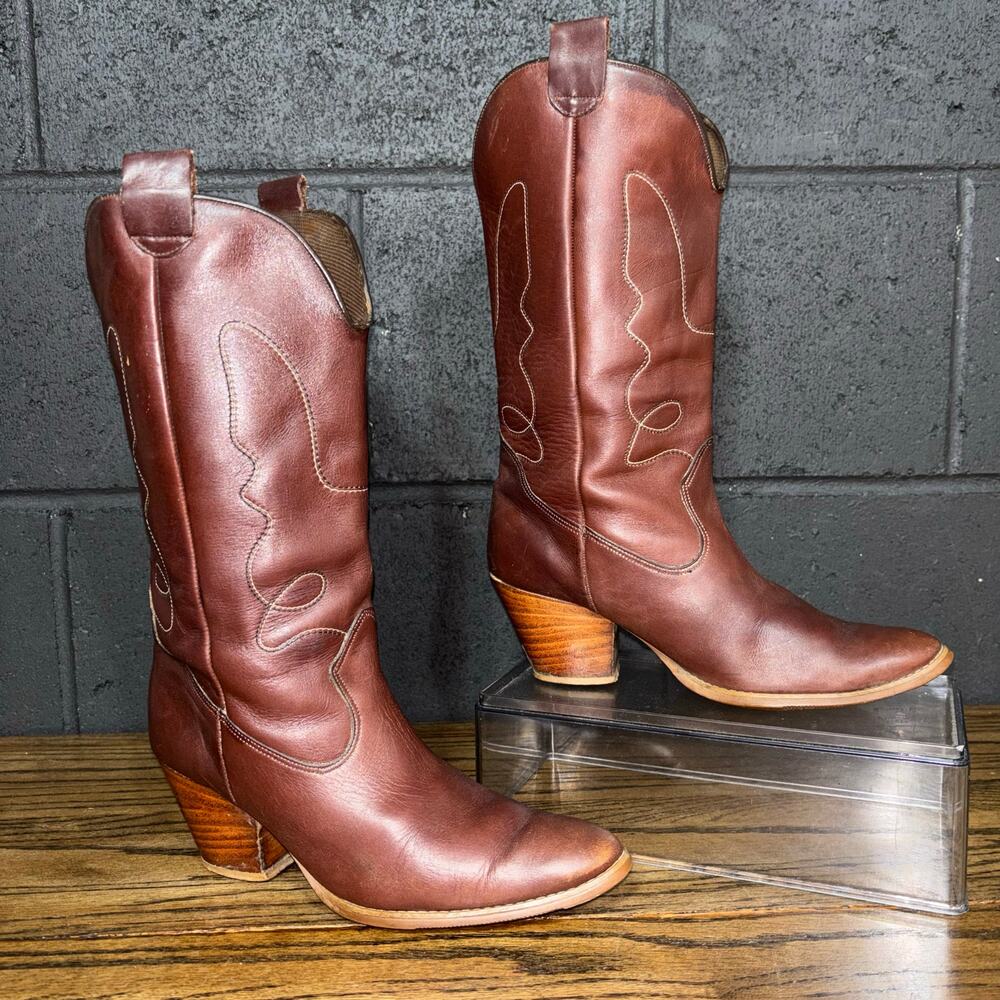 Vintage Women’s Brown Leather Western Boots Stacked Heel Cowgirl Mid Calf 6.5 B